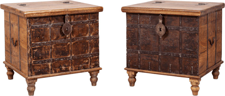Two intricately crafted wooden chests made from reclaimed materials, highlighting the unique charm of Furniture With Attitude’s artisan originals.