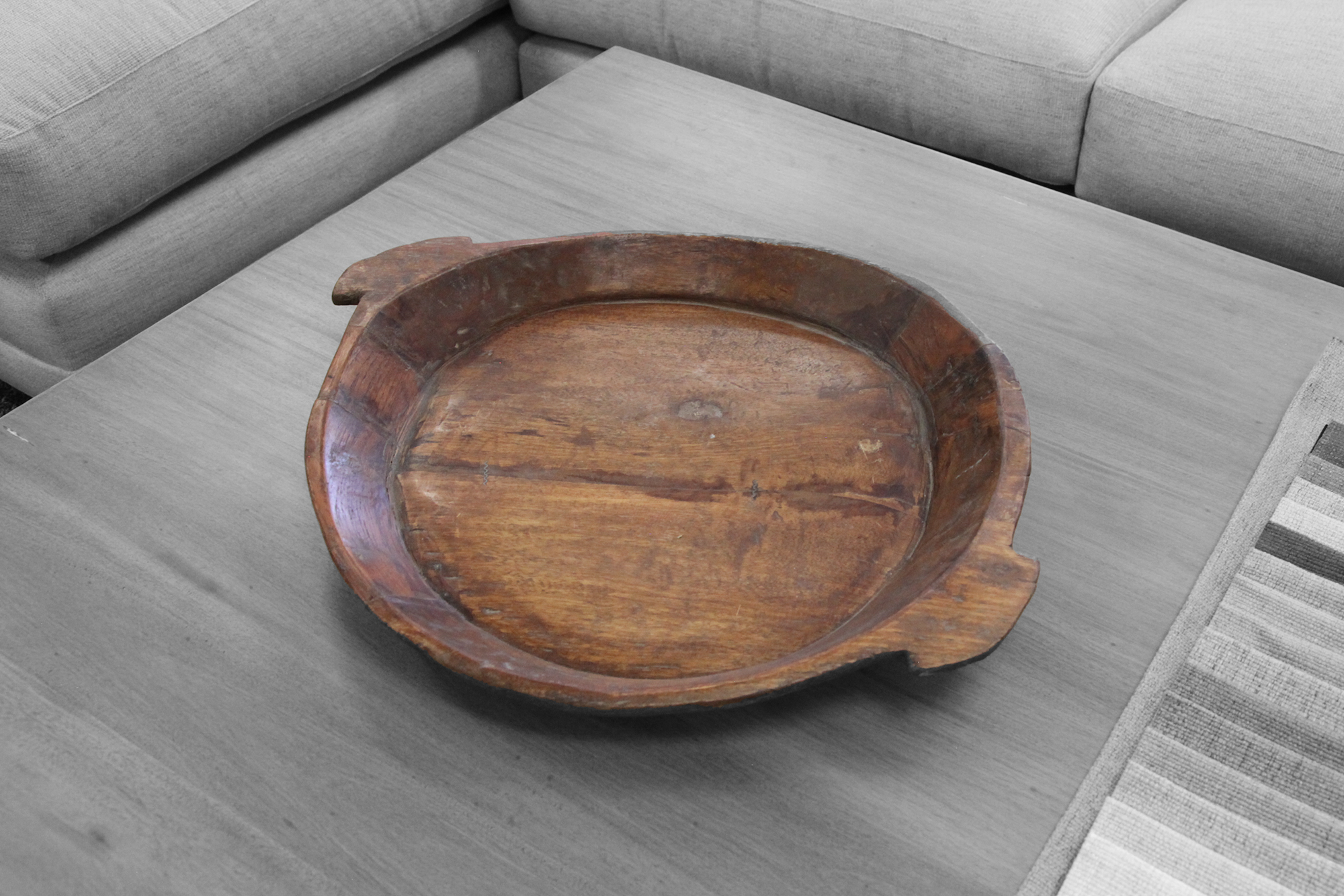 Reclaimed wood chapati bowl with natural finish on coffee table